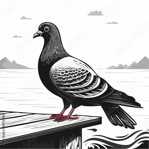 A Majestic Pigeon Standing on a Dock, Watching the Gentle Waves in a Vector Illustration