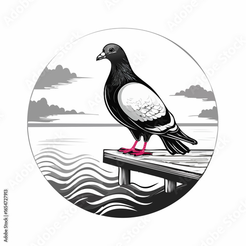 A Majestic Pigeon Standing on a Dock, Watching the Gentle Waves in a Vector Illustration