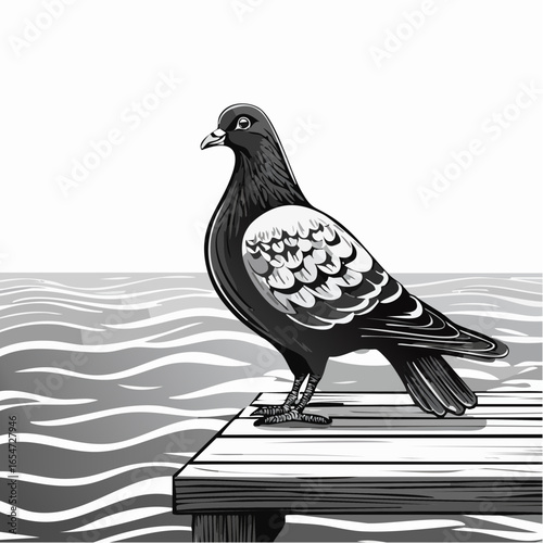 A Majestic Pigeon Standing on a Dock, Watching the Gentle Waves in a Vector Illustration