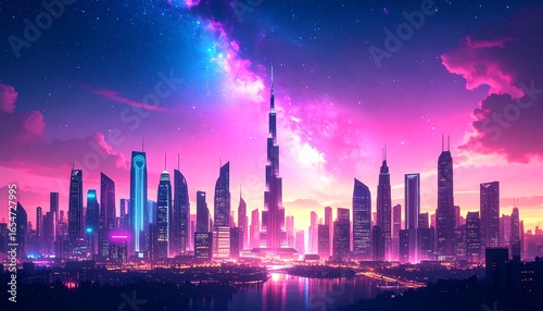 Futuristic city skyline at twilight
