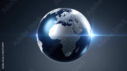 A stylized image of Earth showcasing Africa, illuminated by stars with a sleek, modern design emphasizing global beauty and unity.