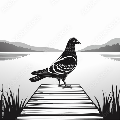 A Pigeon Standing on a Wooden Dock Plank, Gazing at the Peaceful Waterfront in Vector Art