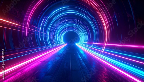 Fototapeta Naklejka Na Ścianę i Meble -  A vibrant neon tunnel, with vibrant glowing lines of pink and blue light, creates a futuristic and dynamic atmosphere.