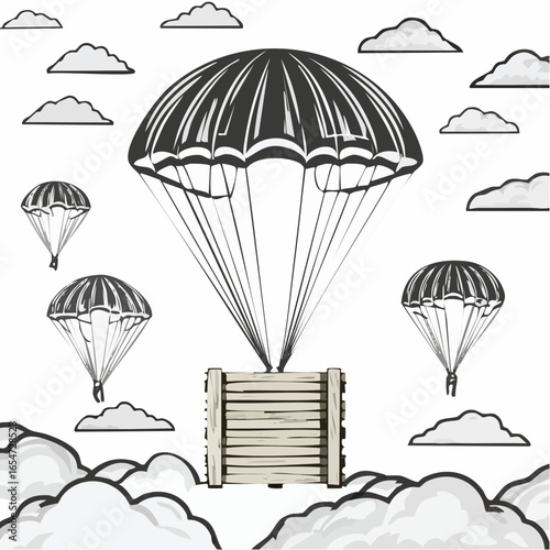 Wooden crate in the sky being delivered with parachutes image vector.