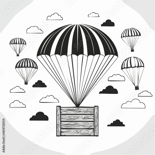 Wooden crate in the sky being delivered with parachutes image vector.