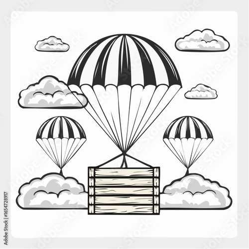 Wooden crate in the sky being delivered with parachutes image vector.