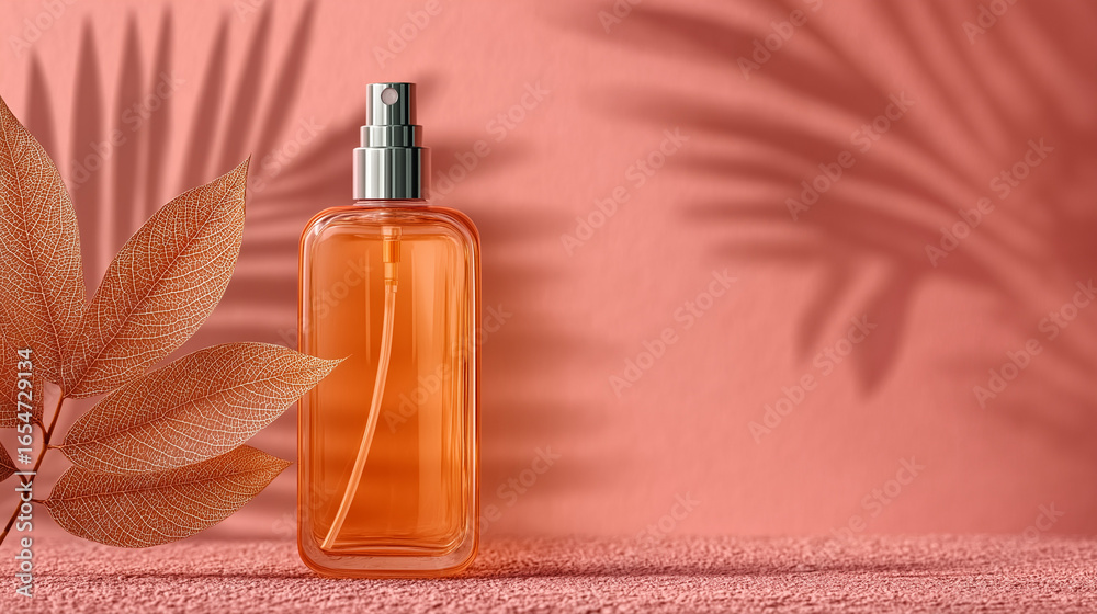 Fototapeta premium A photo of a transparent spray bottle with orange content, set against a soft pink background. The bottle has a silver cap with a sprayer. One side of the bottle is adorned with natural sandy-colored 