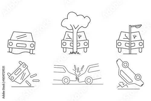 Car accident, vehicle crash, road collision, traffic damage, automobile wreck, transportation mishap, safety warning, emergency icon vector illustration.