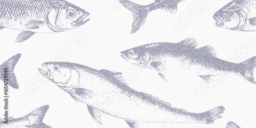 Pattern with fish design. Monochrome figure with gritty surface, halftone dots and faded paper grain. Threshold contour and dust layer.