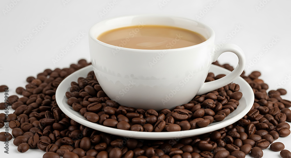 Obraz premium Elevated coffee presentation with piled beans and pristine background layout