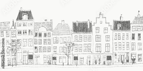 Crayon urban European landscape. Distressed brushstroke with dusty grain scattered noise and faded halftone pattern. Gritty texture with scratchy ink and aged paper surface.