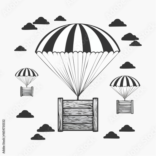 Wooden crate in the sky being delivered with parachutes image vector.