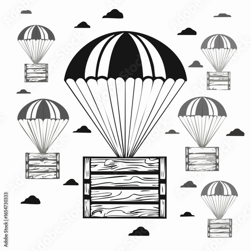 Wooden crate in the sky being delivered with parachutes image vector.
