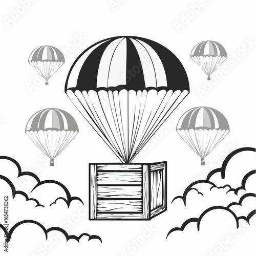 Wooden crate in the sky being delivered with parachutes image vector.