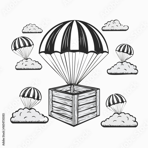 Wooden crate in the sky being delivered with parachutes image vector.