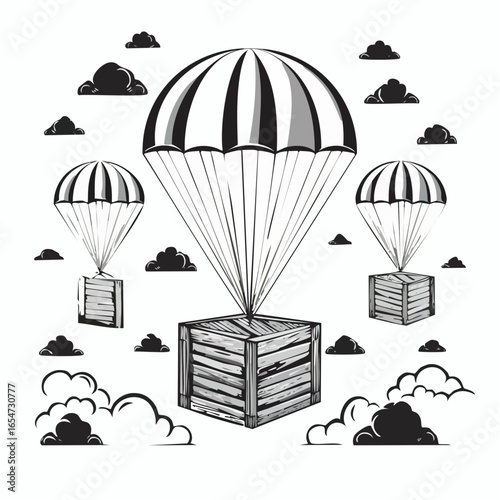 Wooden crate in the sky being delivered with parachutes image vector.