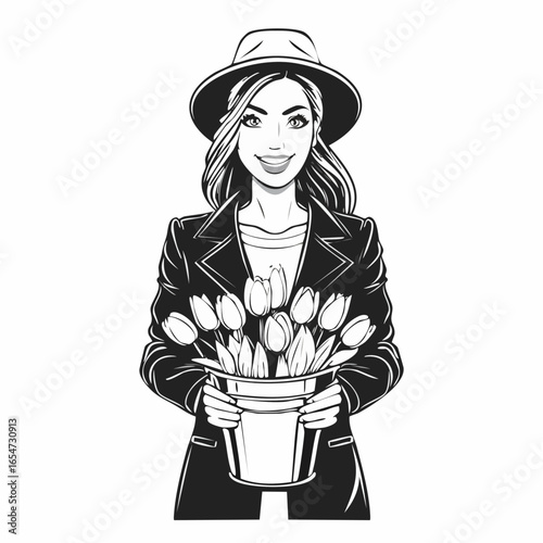 Young Woman Wearing a Jacket, Holding a Bucket of Tulip Flowers in a Vector Illustration