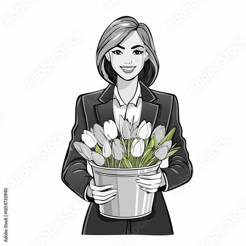 Stylish Young Woman in a Jacket, Gently Holding a Bucket Filled with Colorful Tulips