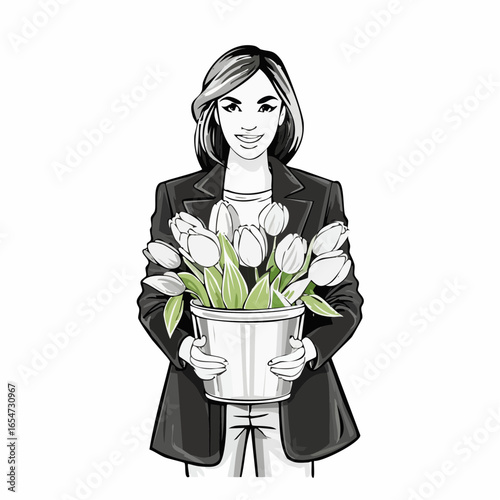 Stylish Young Woman in a Jacket, Gently Holding a Bucket Filled with Colorful Tulips