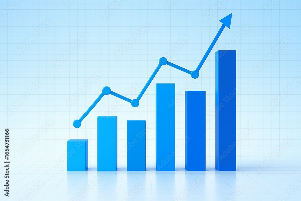 Fototapeta premium Blue bar graph with upward trending line chart showing financial growth and positive economic progress