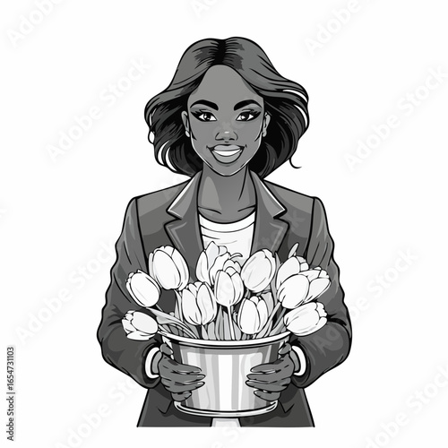 Stylish Young Woman in a Jacket, Gently Holding a Bucket Filled with Colorful Tulips