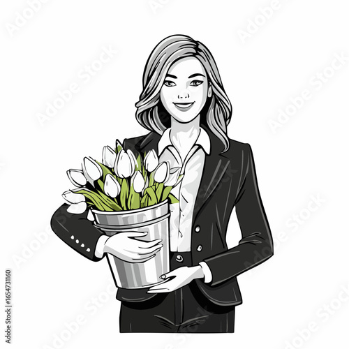 Stylish Young Woman in a Jacket, Gently Holding a Bucket Filled with Colorful Tulips