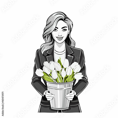 Stylish Young Woman in a Jacket, Gently Holding a Bucket Filled with Colorful Tulips