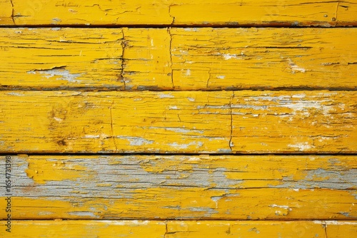 Wallpaper Mural Horizontal weathered wooden planks painted a vibrant, sunny yellow, exhibiting craquelure and showing the gray underlay of the wood. Torontodigital.ca