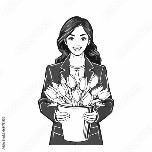 Stylish Young Woman in a Jacket, Gently Holding a Bucket Filled with Colorful Tulips