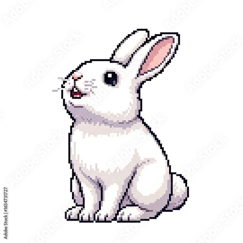 A pixelated illustration of a white rabbit sitting upright, looking upwards with a happy expression.