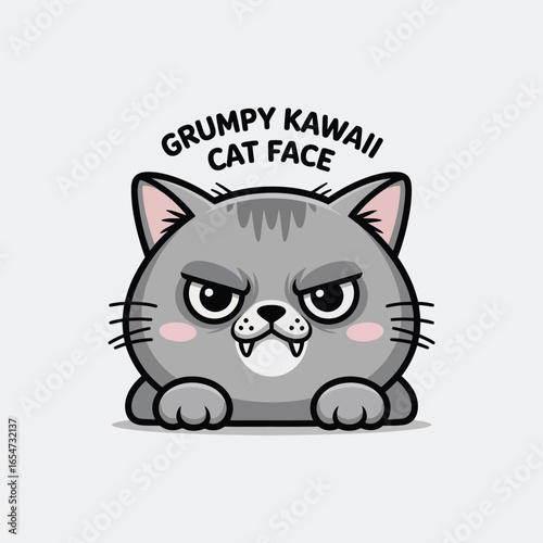 Grumpy kawaii grey cat face with fangs and angry expression cute