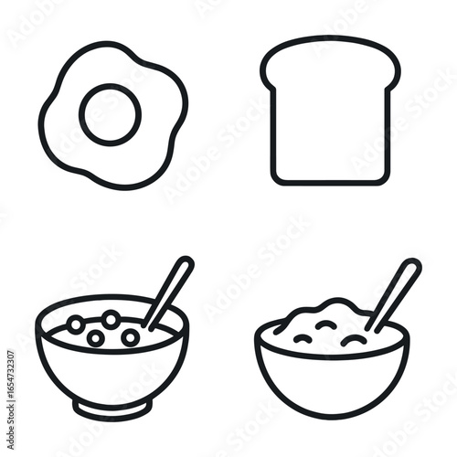 Breakfast icons: fried egg, toast, cereal, and porridge in minimalist style