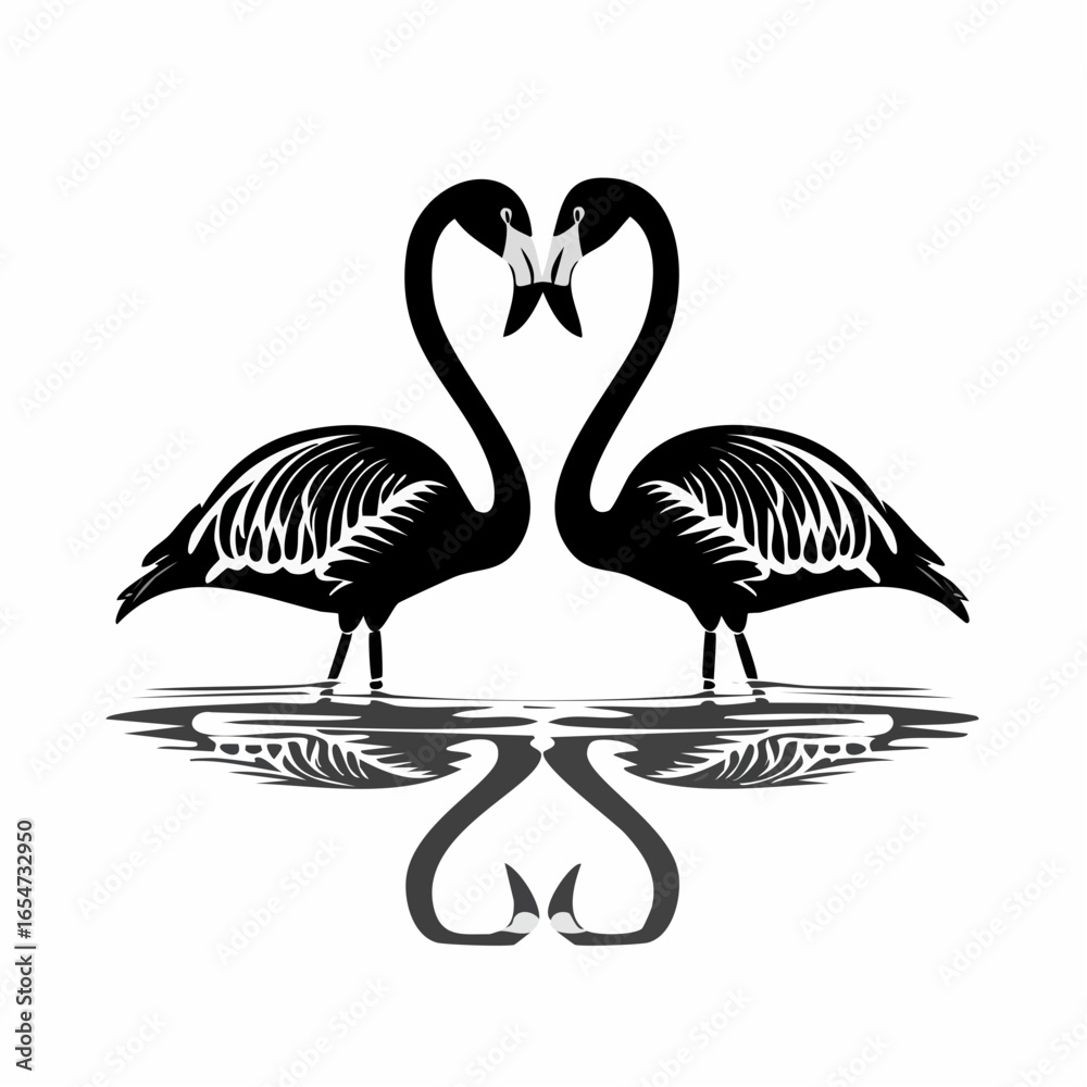 Naklejka premium Two flamingos are reflected in the water with their heads together image vector.