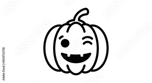 Winking pumpkin cartoon in black and white with toothy smile