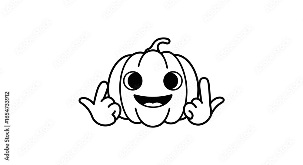Obraz premium Excited pumpkin cartoon in black and white with raised hands