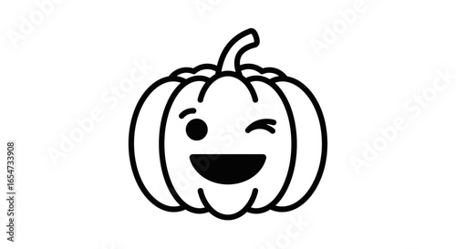 Winking pumpkin cartoon in black and white with happy face