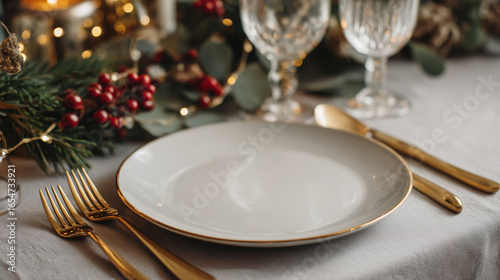 Elegant christmas new year table setting, empty plate with golden cutlery, with elegant glasses