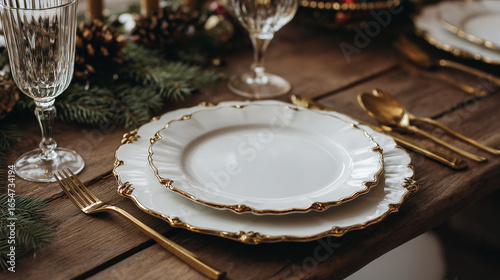Elegant christmas new year table setting, empty plate with golden cutlery, with elegant glasses