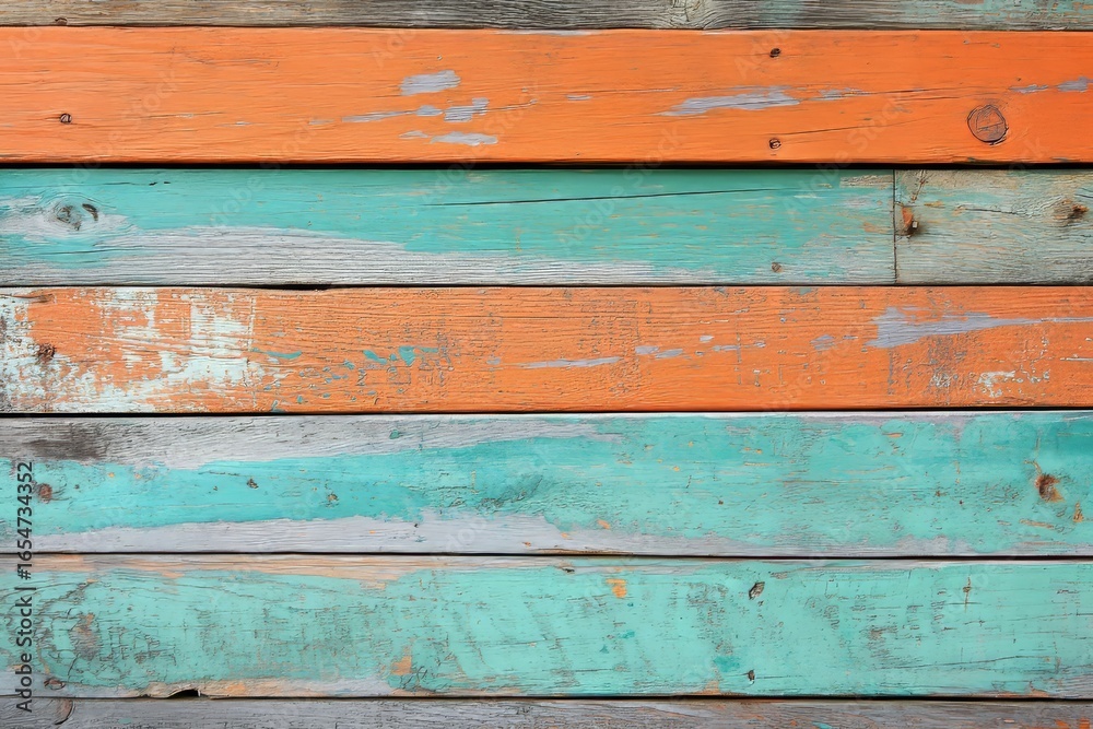 Naklejka premium Textured wooden planks, painted in varying shades of teal, orange, and gray, exhibit a weathered, rustic aesthetic.
