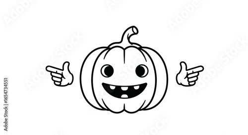 Happy pumpkin cartoon in black and white with finger guns gesture