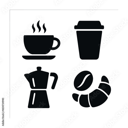 Coffee icons set: cup, to-go cup, moka pot, croissant and bean