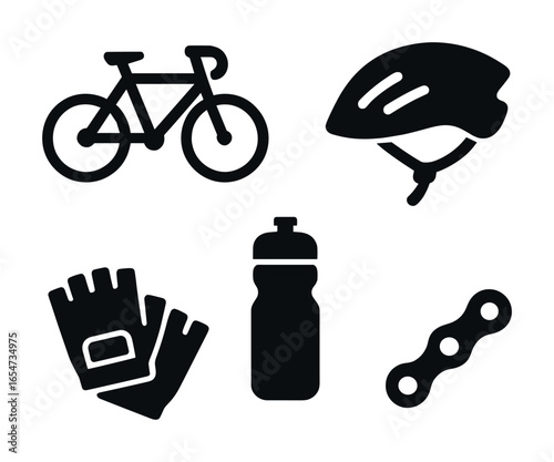 Cycling gear essentials: bicycle, helmet, gloves, water bottle, chain icons