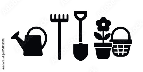Gardening tools and flower pot icons: watering can, rake, shovel, basket