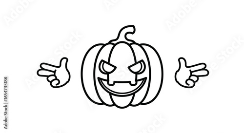 Sneaky pumpkin cartoon in black and white with finger guns gesture