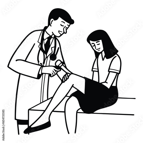 Doctor examining patient knee line art.