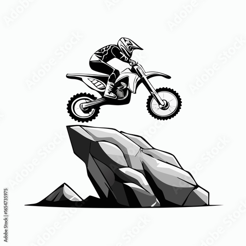 Extreme Motocross Rider Conquering a Giant Rock Obstacle with Skill and Determination in Vector Art
