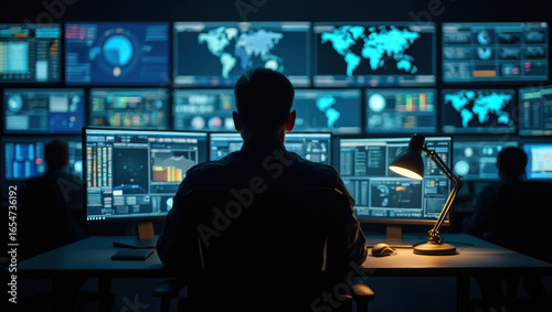 A person monitors multiple screens displaying global data, analytics, and maps in a high-tech control room, focused on real-time information and digital security.