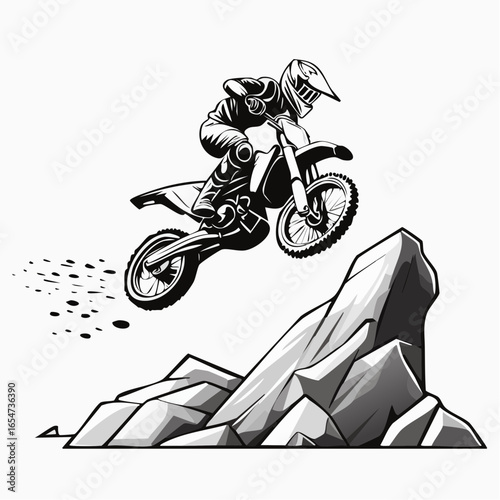 Motocross Rider Maneuvering Over a Large Rock Obstacle with Precision and Power in Vector Style