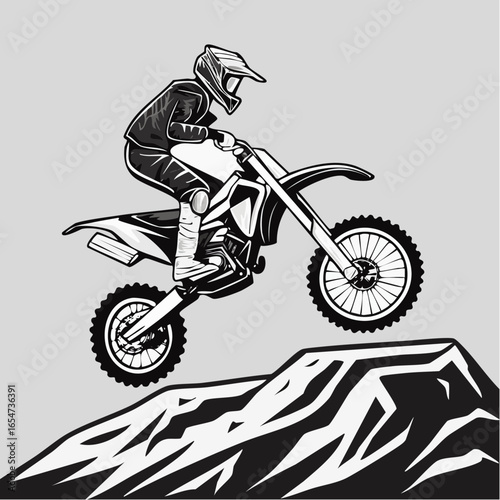 Motocross Rider Maneuvering Over a Large Rock Obstacle with Precision and Power in Vector Style