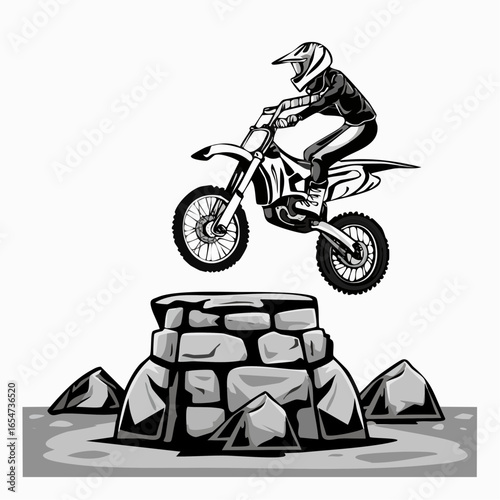 Skilled Motocross Rider Performing a Stunt on a Massive Rock Barrier in Vector Illustration